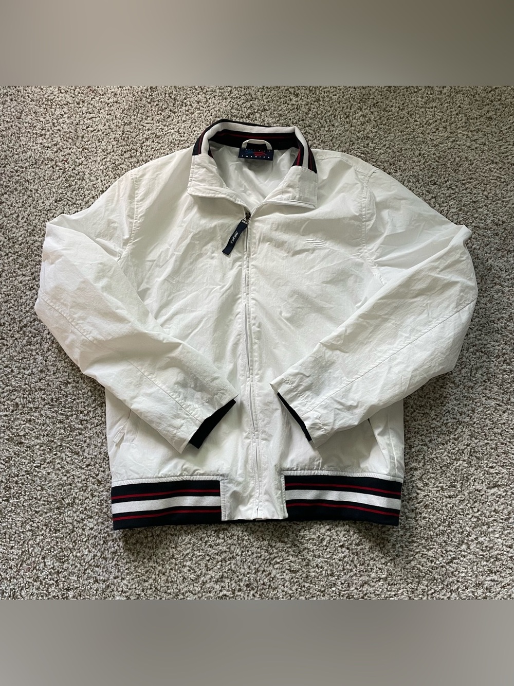 Perry Ellis White Bomber Jacket with Navy and Red Stripe Trim